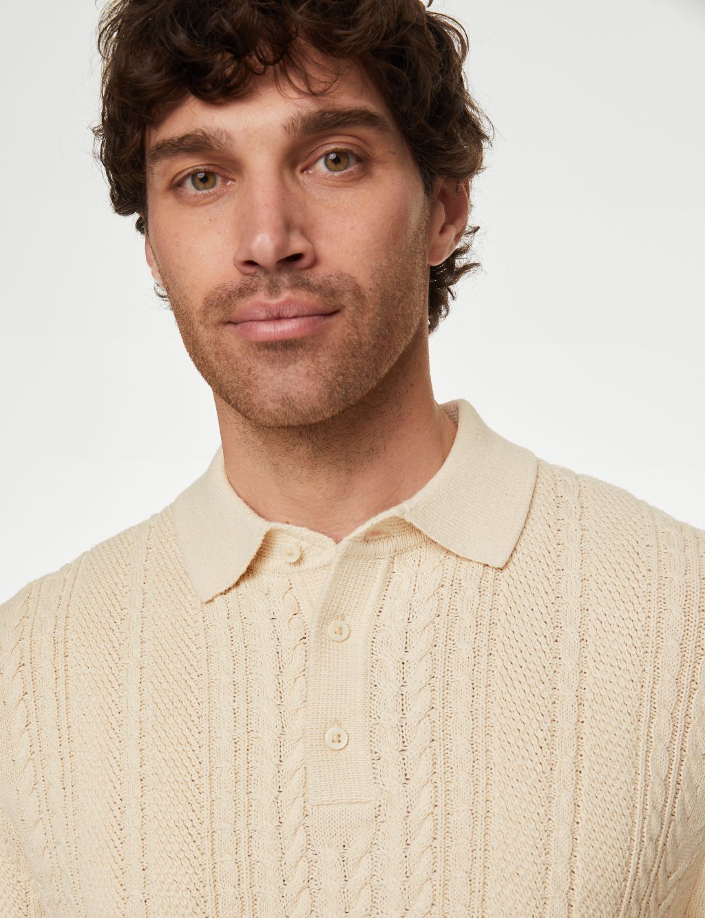 Cable Knitted Polo Shirt with Linen 3 of 5