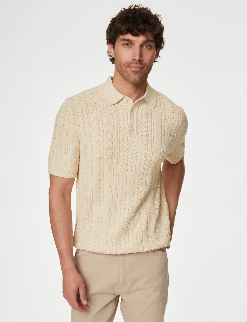 Cable Knitted Polo Shirt with Linen 2 of 5