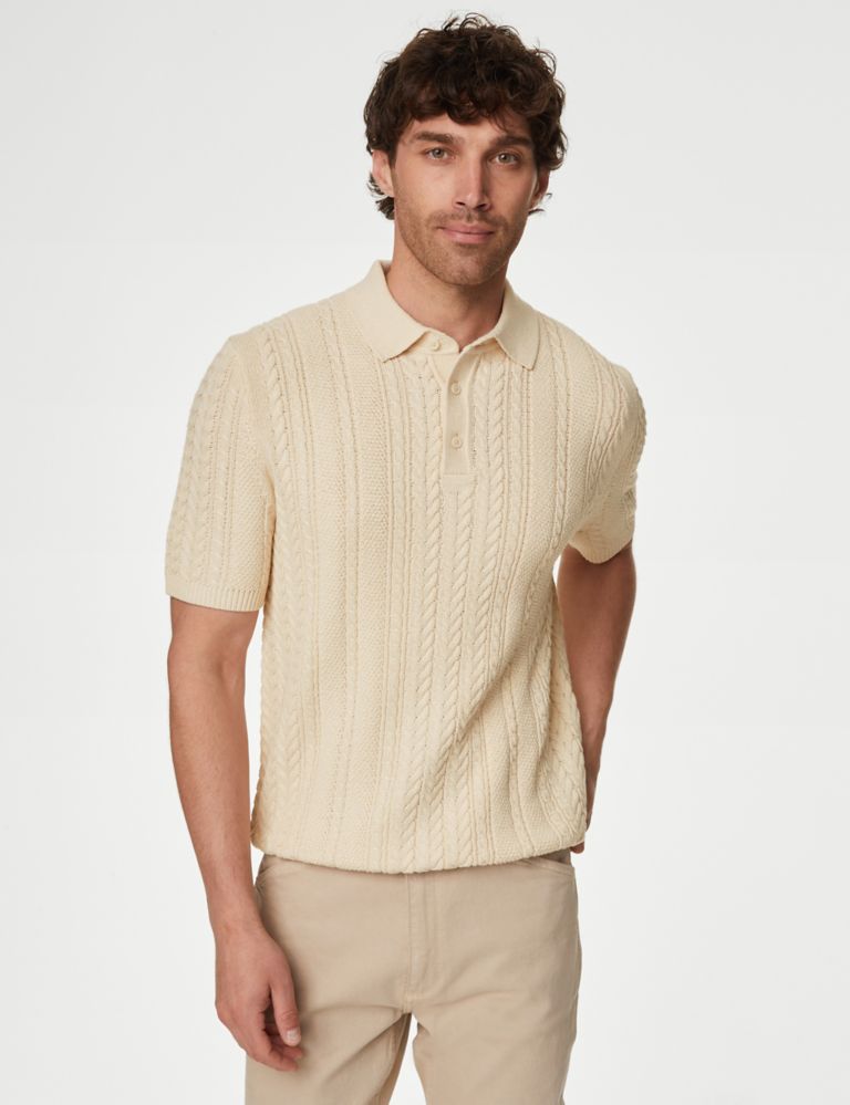 Cable Knitted Polo Shirt with Linen 3 of 5