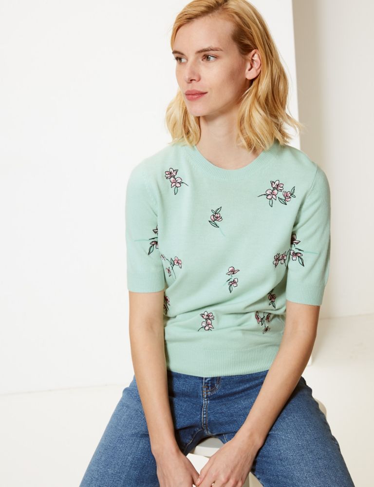Cashmilon™ Floral Print Round Neck Knitted Top 1 of 4