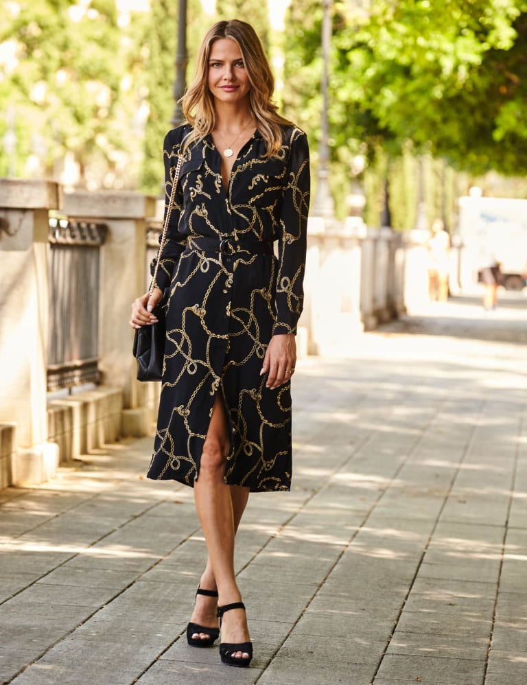 Chain Print Belted Midi Shirt Dress SOSANDAR M S