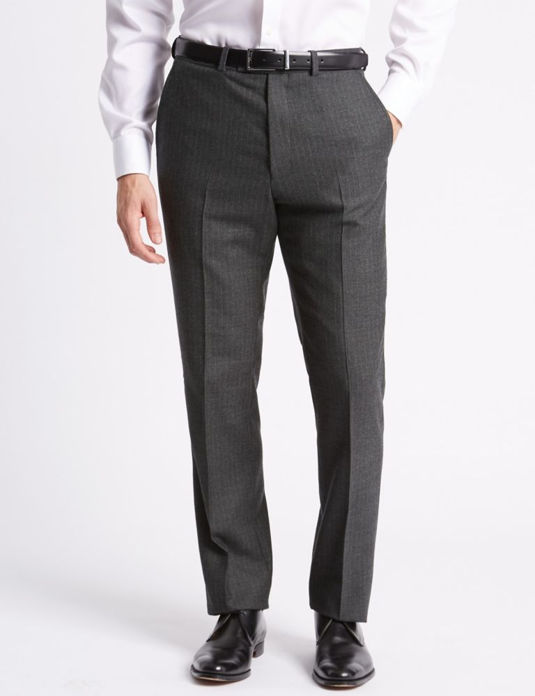 Charcoal Striped Regular Fit Wool Trousers 1 of 3