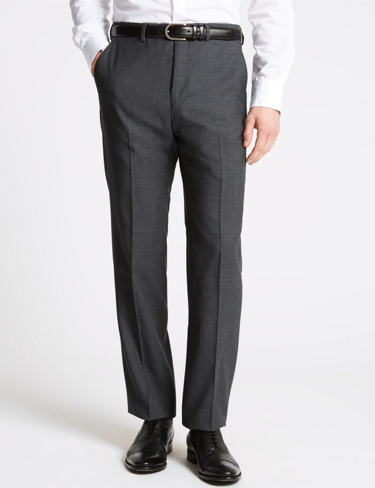 Charcoal Textured Regular Fit Wool Trousers 1 of 7