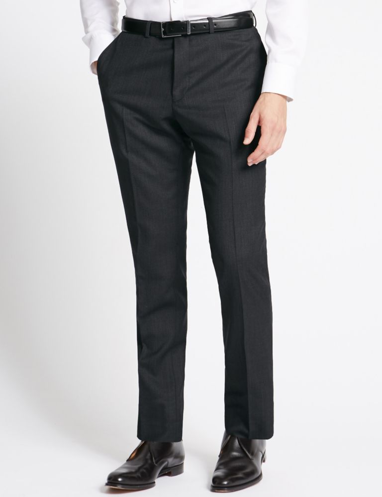 Charcoal Textured Slim Fit Wool Trousers 1 of 4