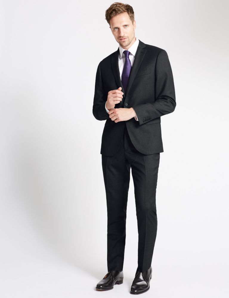Charcoal Textured Slim Fit Wool Trousers 4 of 4