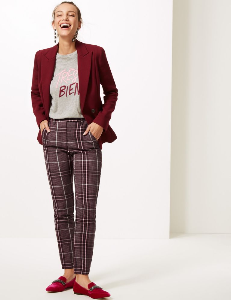 Red Tartan Checked Trousers Slim Plaid Pants (Made in the UK)