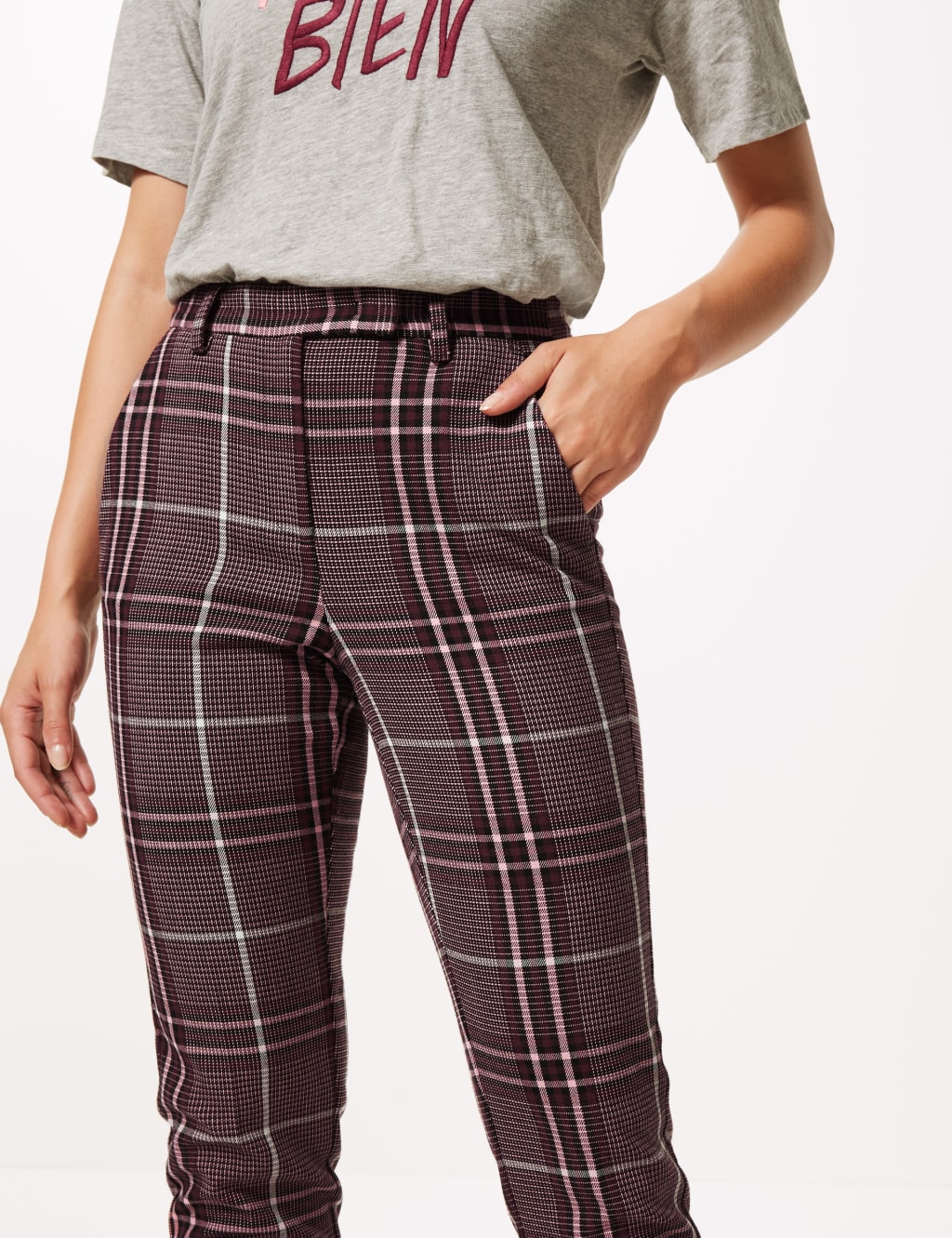 Womens red check trousers 2025