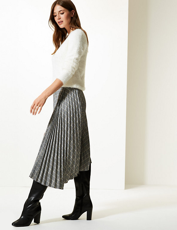 Checked Asymmetric Pleated Midi Skirt | M&S Collection | M&S