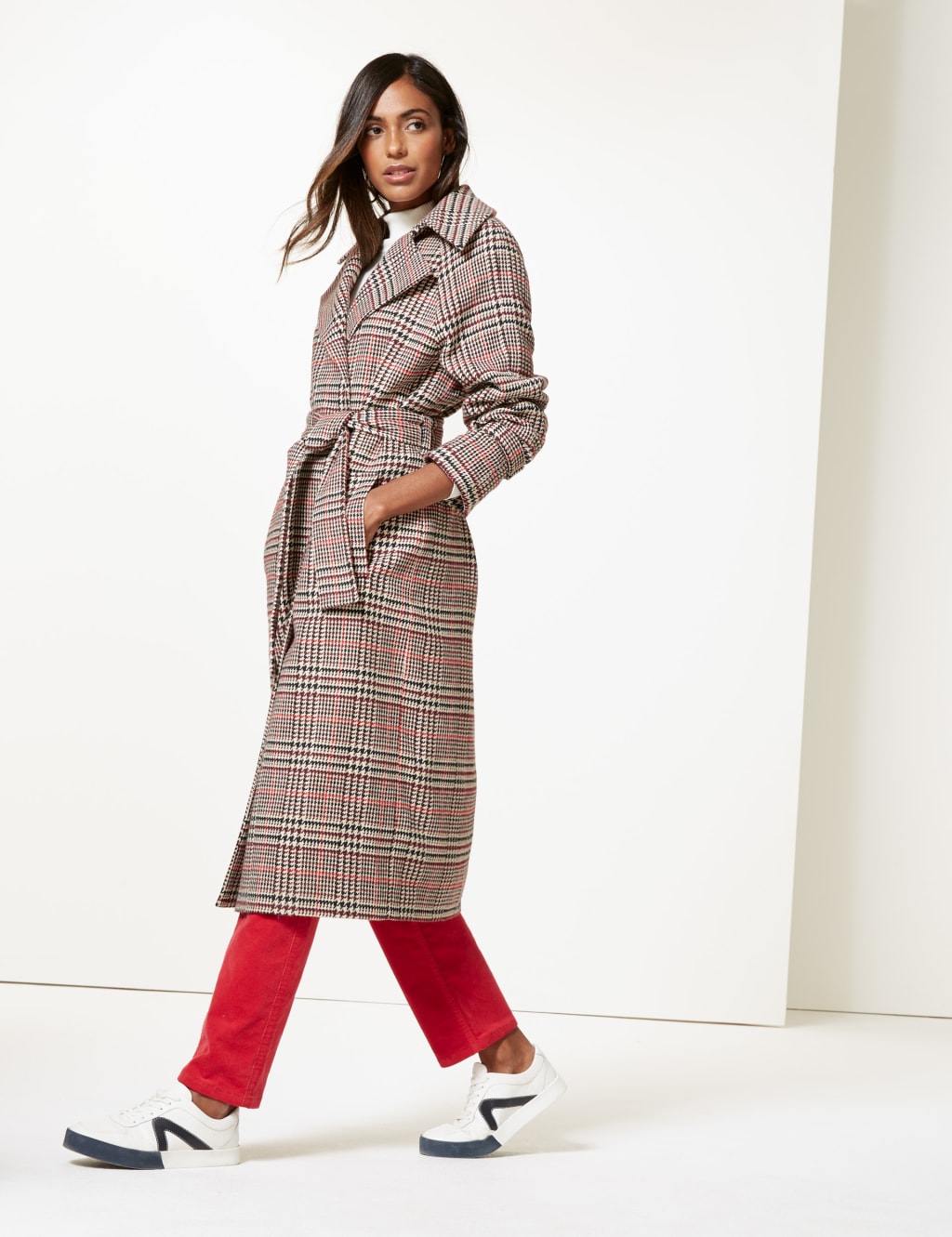 Belted check coat shop