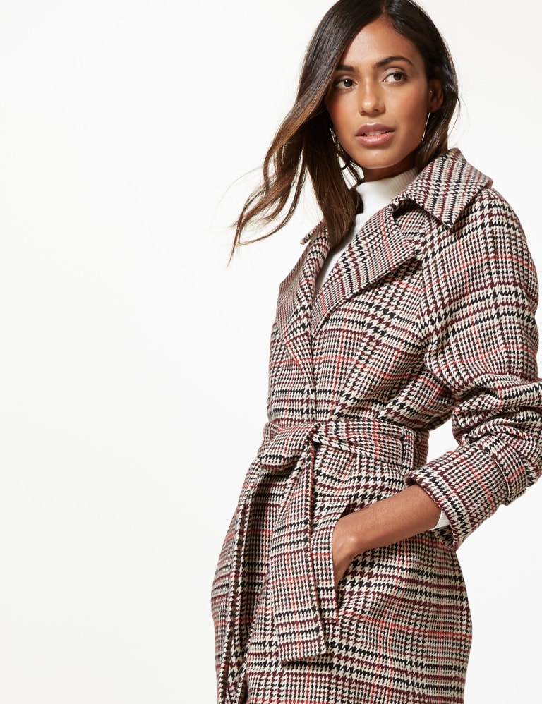 Belted check coat shop