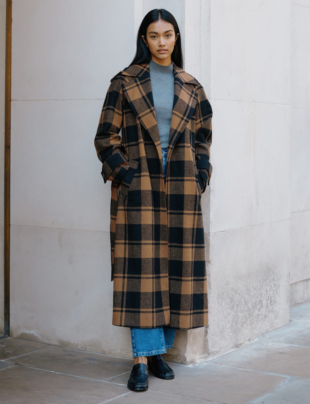 Checked Belted Wrap Coat with Wool Albaray M S