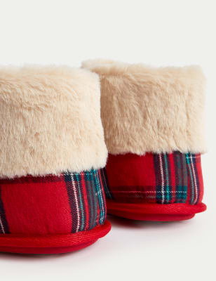 Checked Faux Fur Cuff Slipper Boots