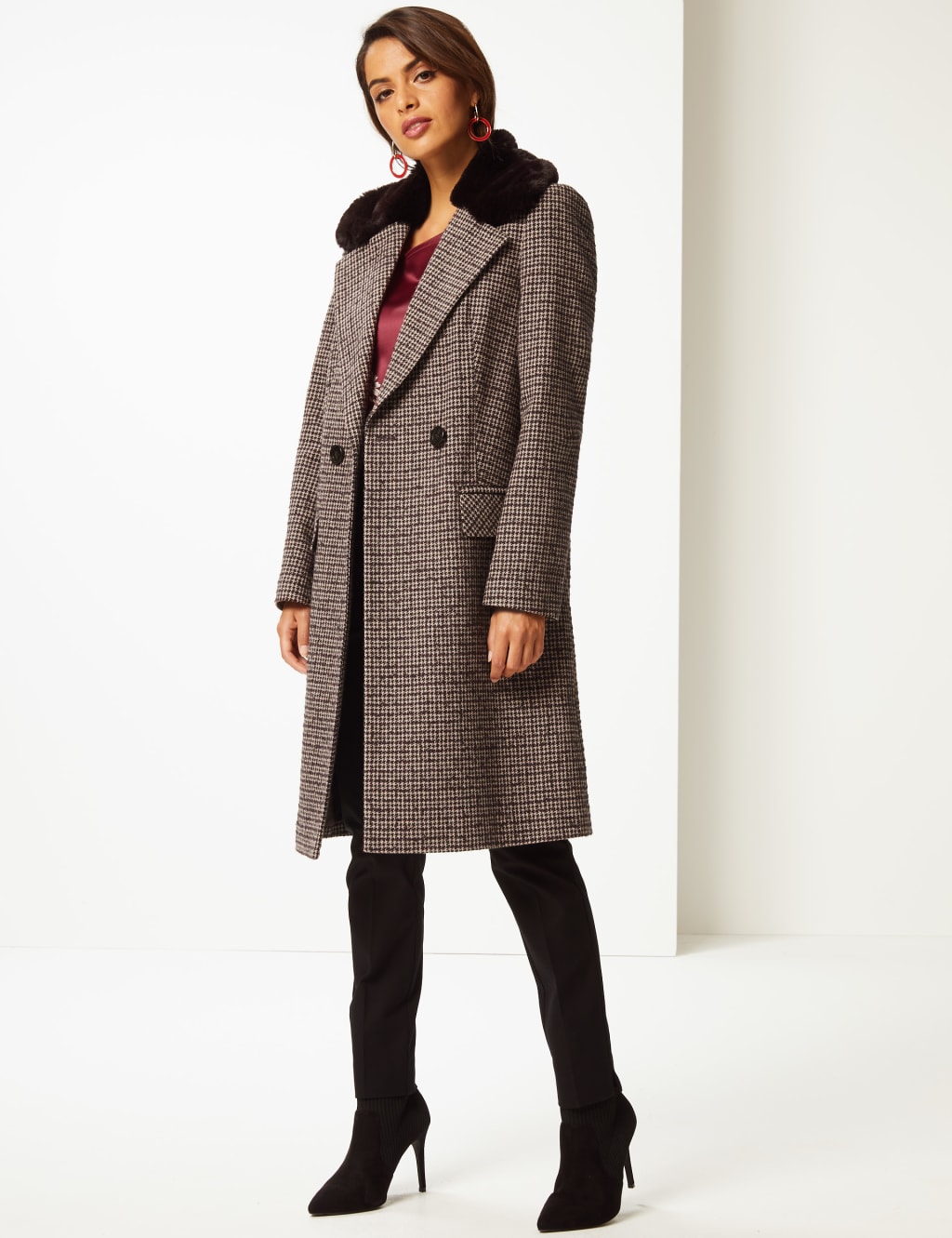 Checked Faux Fur Double Breasted Coat 1 of 4