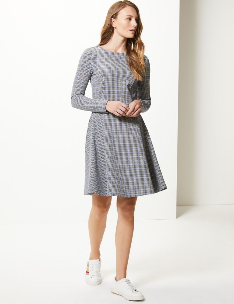 Checked Fit & Flare Knee Length Dress 1 of 4