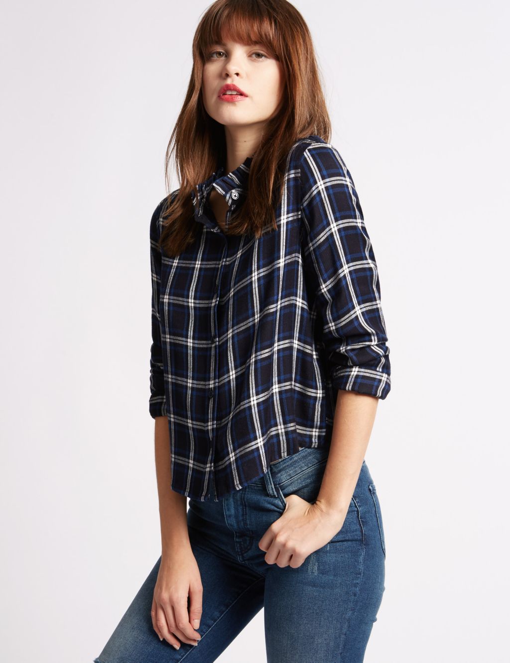 Checked Frill Neck Long Sleeve Blouse 3 of 4