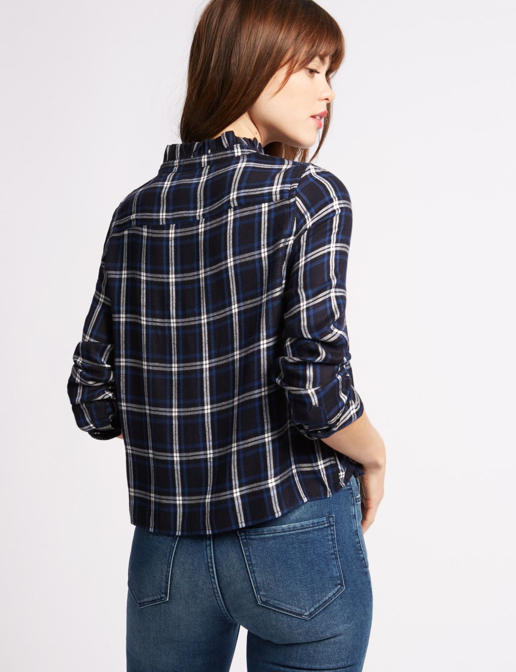 Checked Frill Neck Long Sleeve Blouse 2 of 4