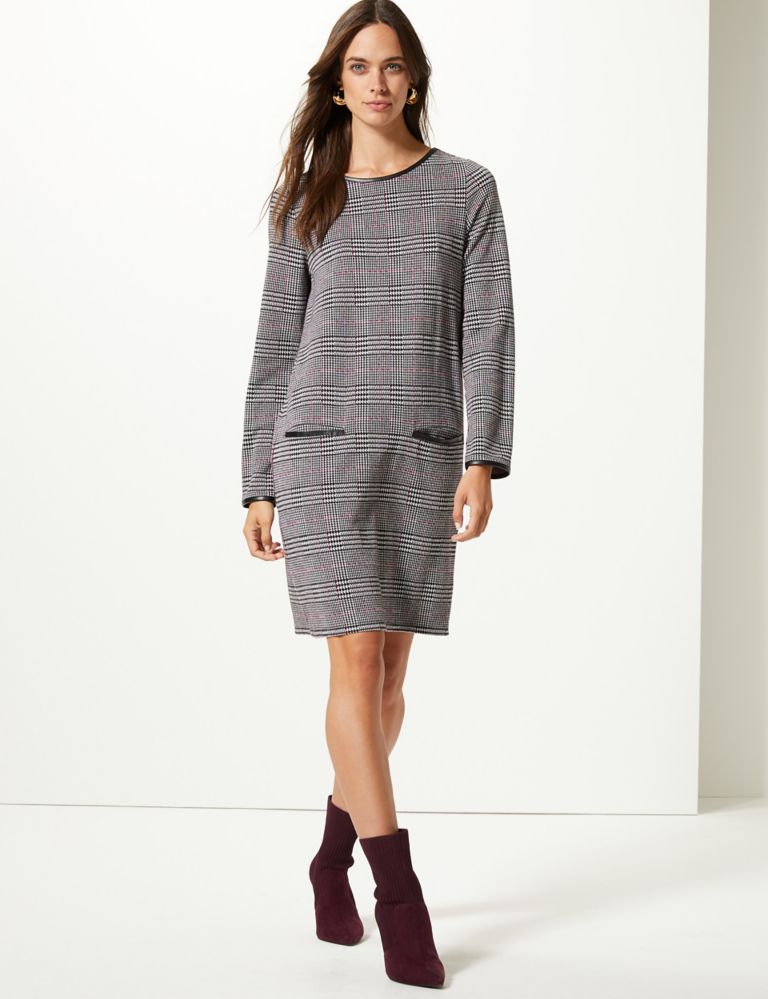 Checked Long Sleeve Shift Dress 1 of 5