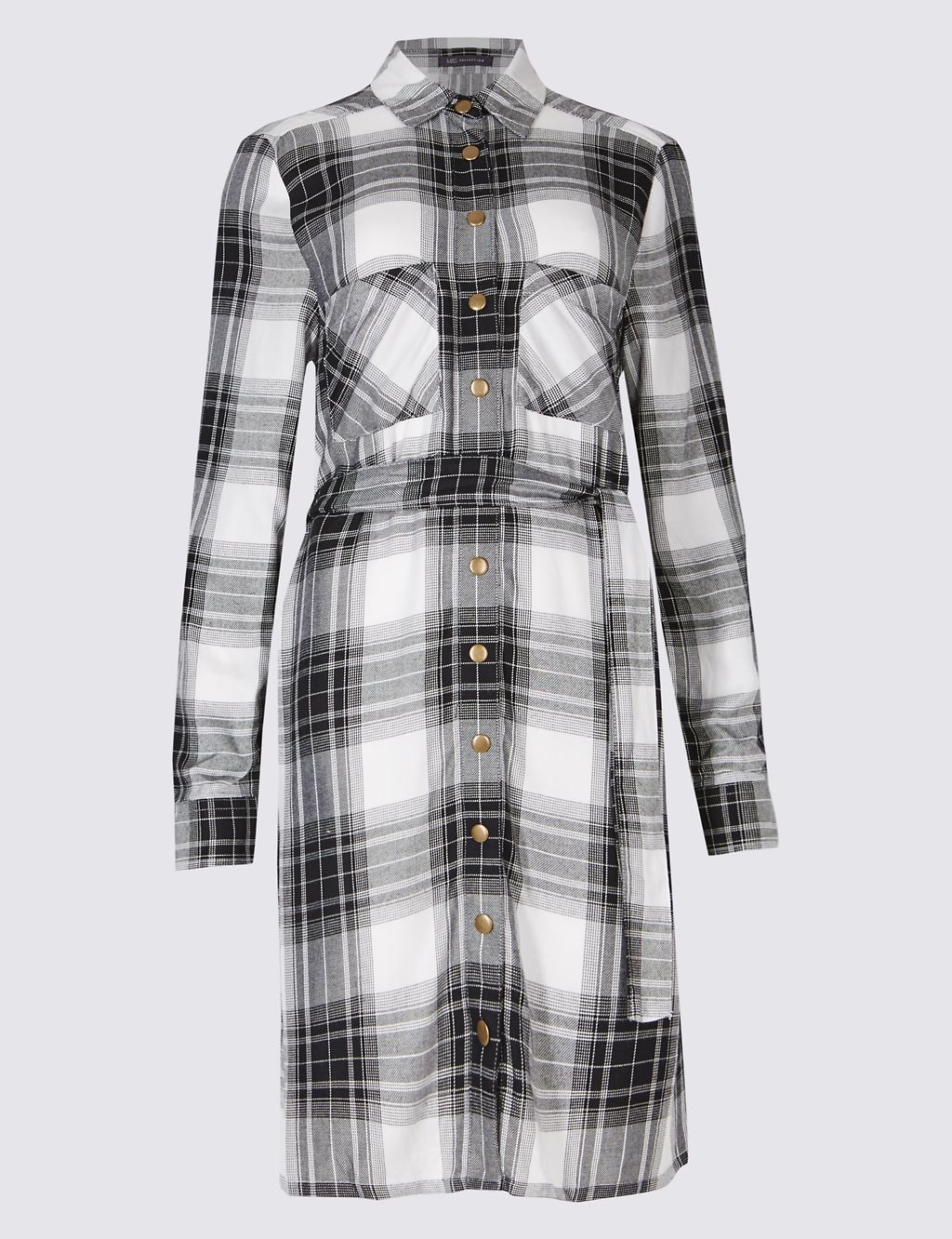Checked Long Sleeve Shirt Dress with Belt 1 of 5