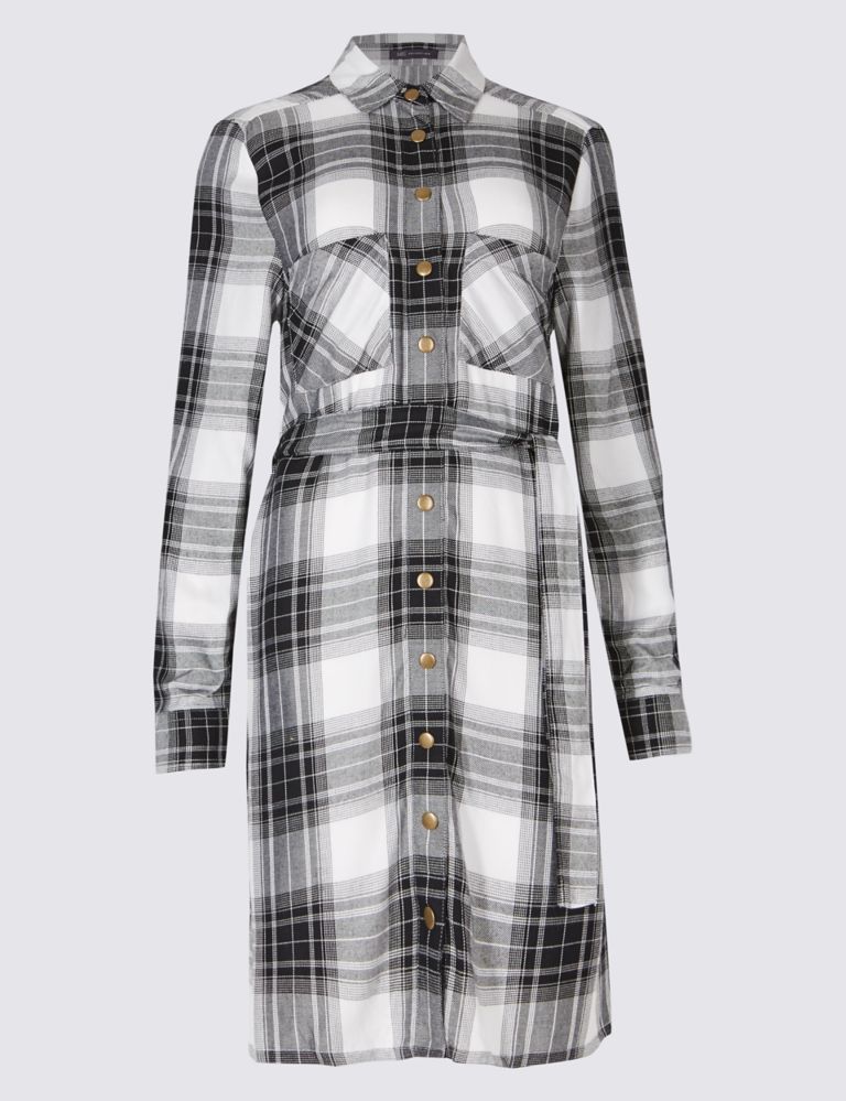 Checked Long Sleeve Shirt Dress with Belt 2 of 5