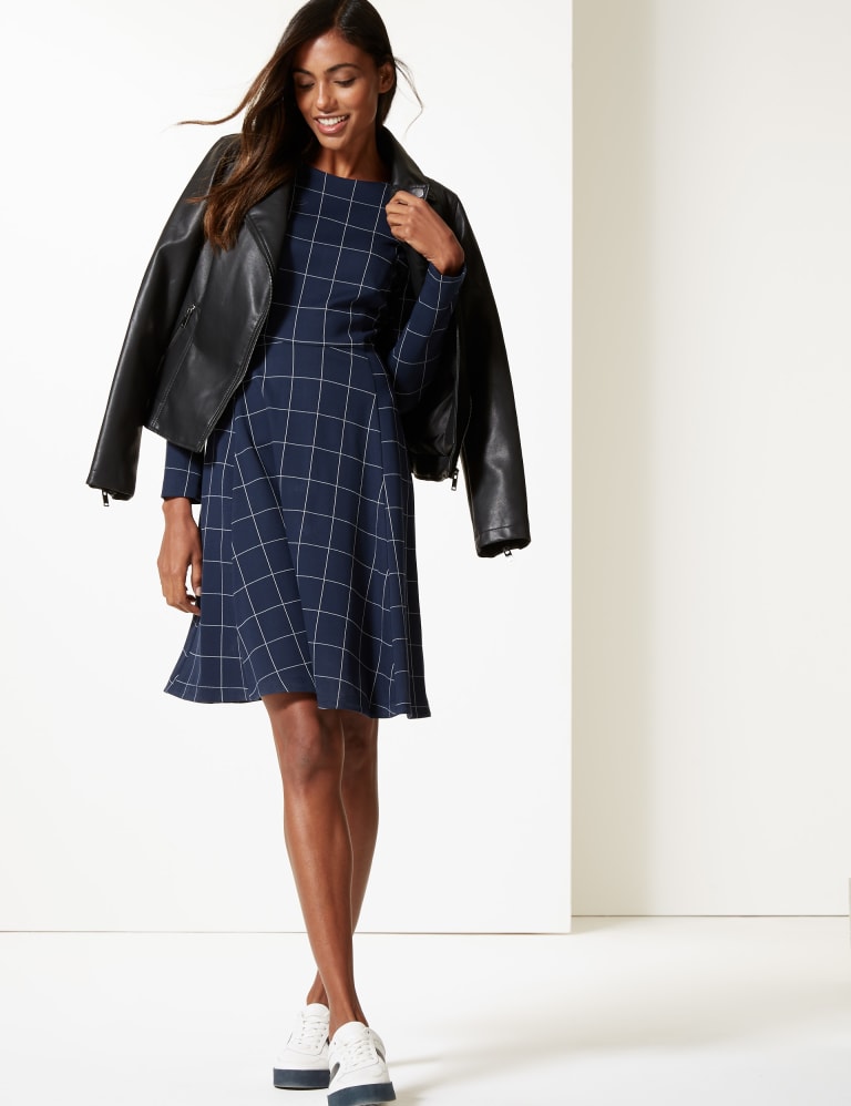 Checked Long Sleeve Skater Dress M S Collection M S