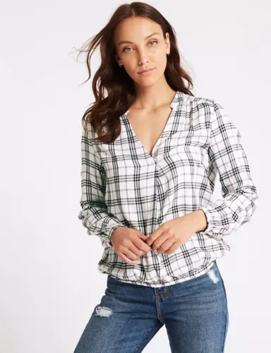 Checked Notch Neck Long Sleeve Blouse 1 of 4