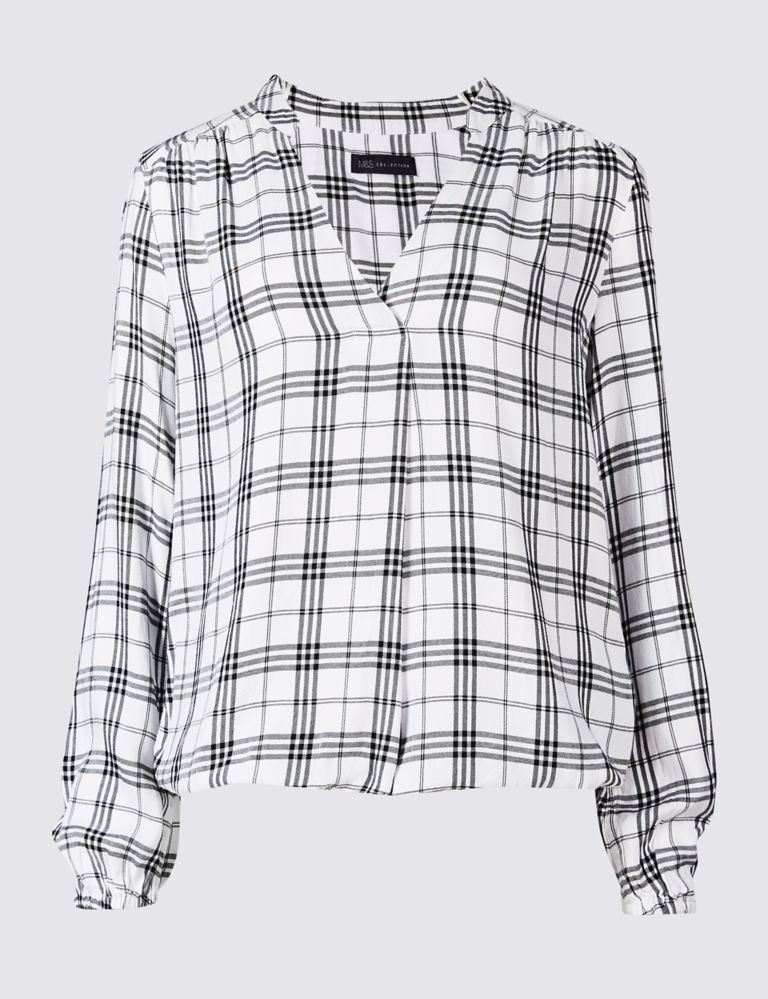 Checked Notch Neck Long Sleeve Blouse 2 of 4