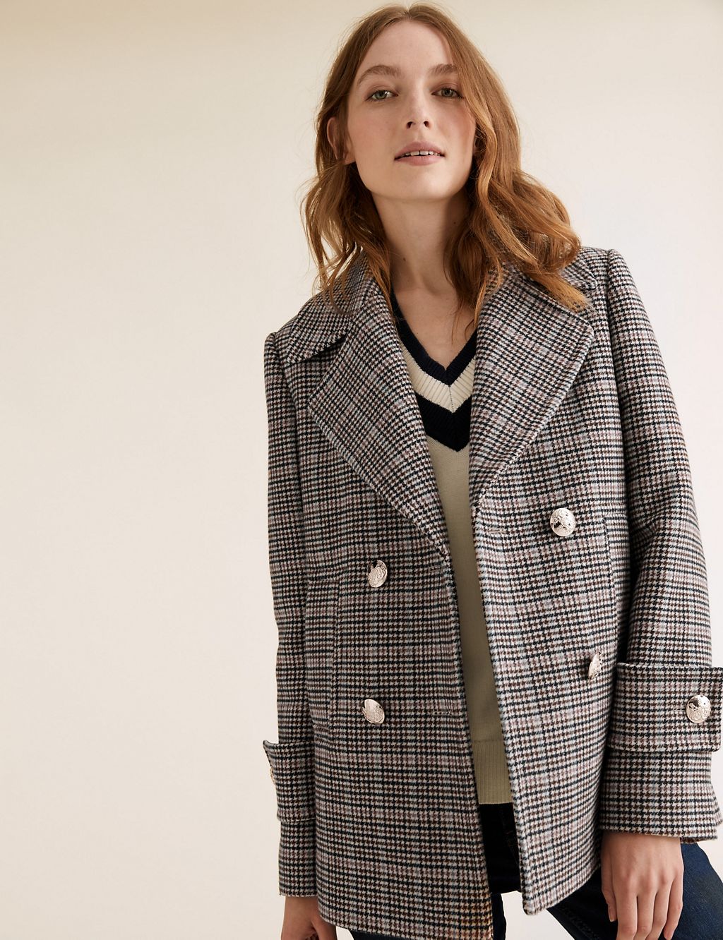 Checked Pea Coat with Wool 3 of 5