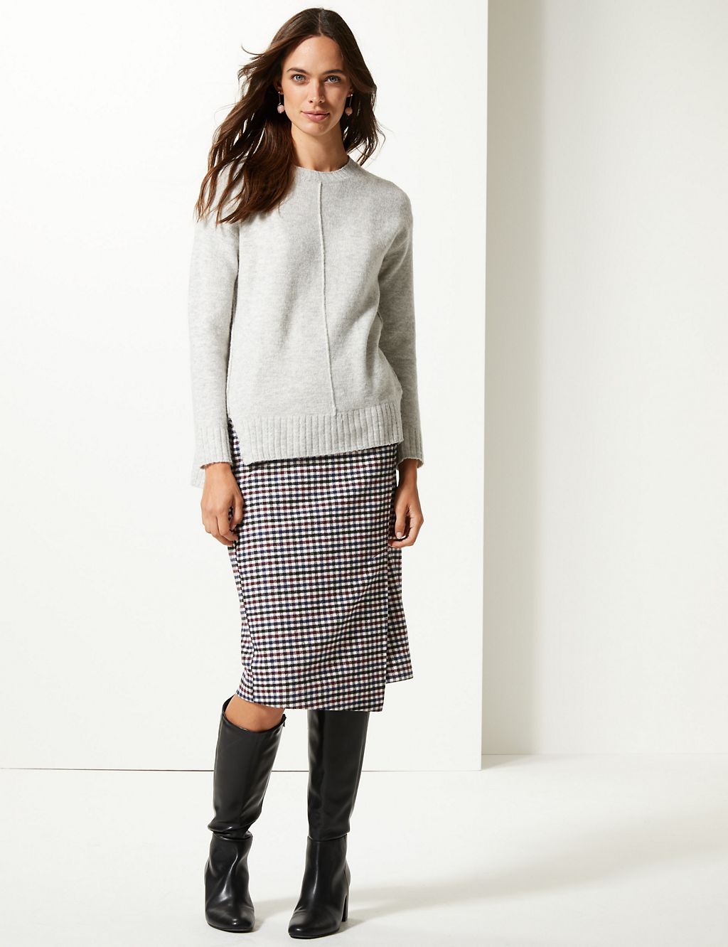 Checked Pencil Midi Skirt with Wool 2 of 5