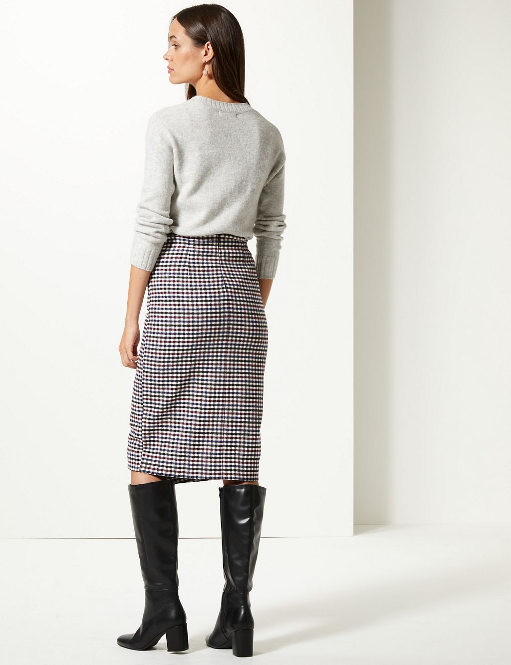 Checked Pencil Midi Skirt with Wool 4 of 5