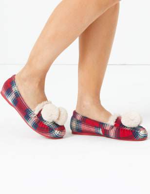 tartan slippers with pom poms