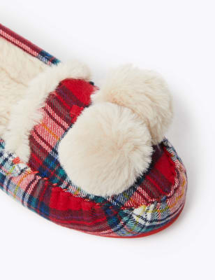 tartan slippers with pom poms