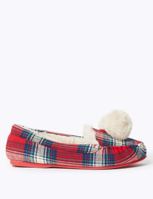 Tartan slippers with hot sale pom poms