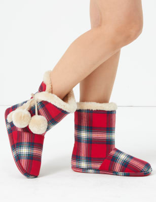 tartan slippers with pom poms