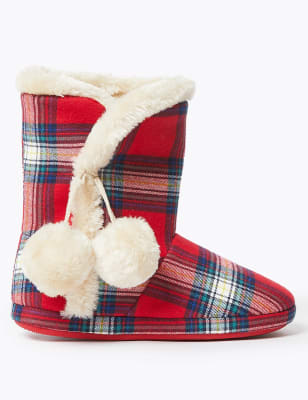 tartan slippers with pom poms