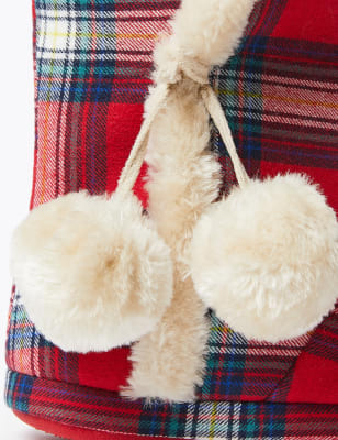 tartan slippers with pom poms