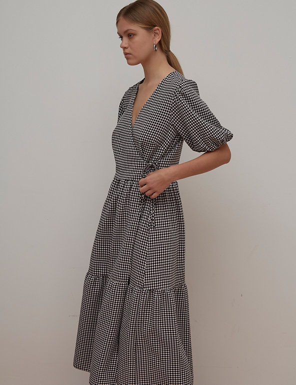 Checked Puff Sleeve Midaxi Wrap Dress ...