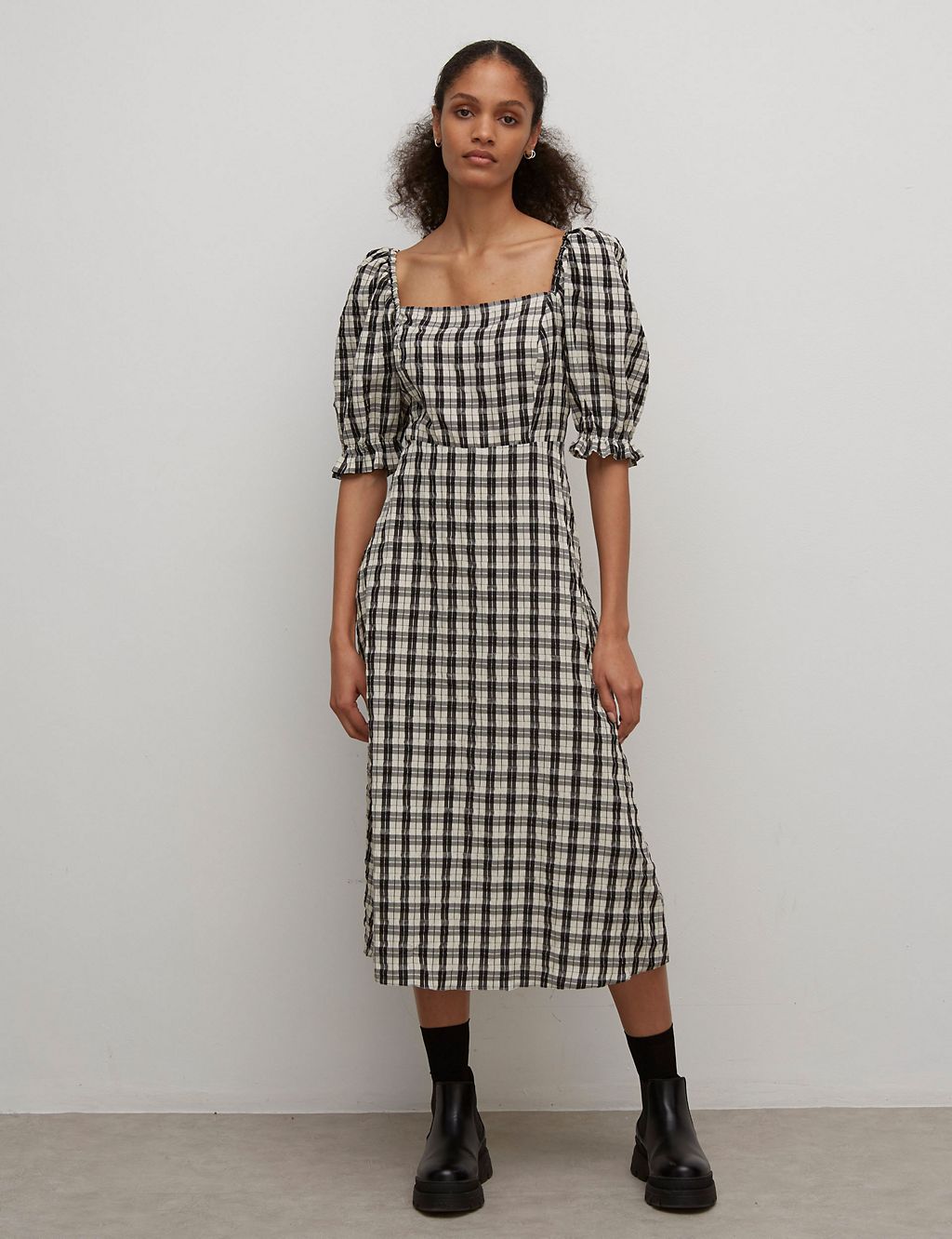 Checked Puff Sleeve Midi Waisted Dress 3 of 5