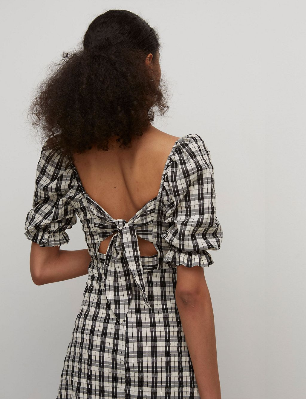 Checked Puff Sleeve Midi Waisted Dress 1 of 5