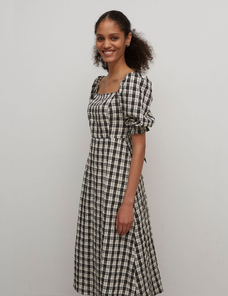 Checked Puff Sleeve Midi Waisted Dress 4 of 5