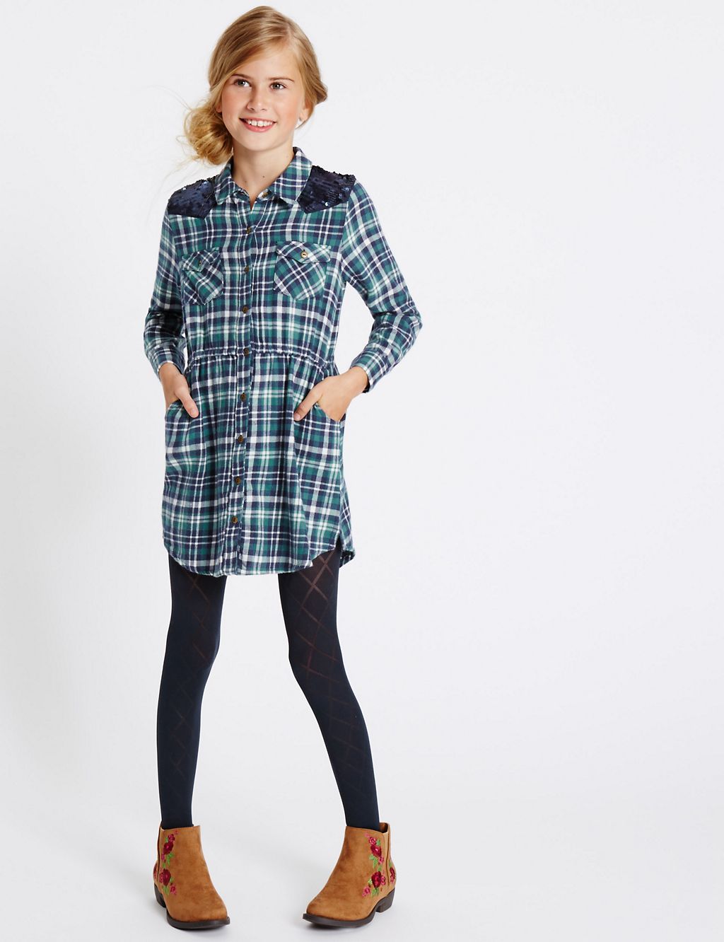 Checked Pure Cotton Shirt Dress (3-14 Years) 3 of 5
