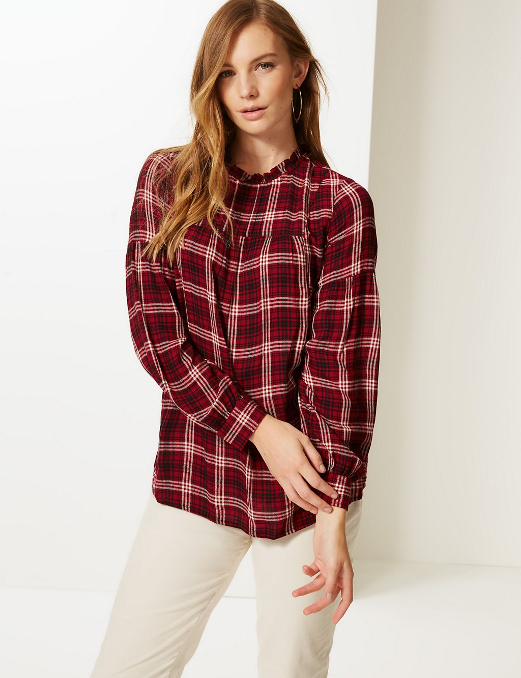 Checked Round Neck Long Sleeve Blouse 3 of 4