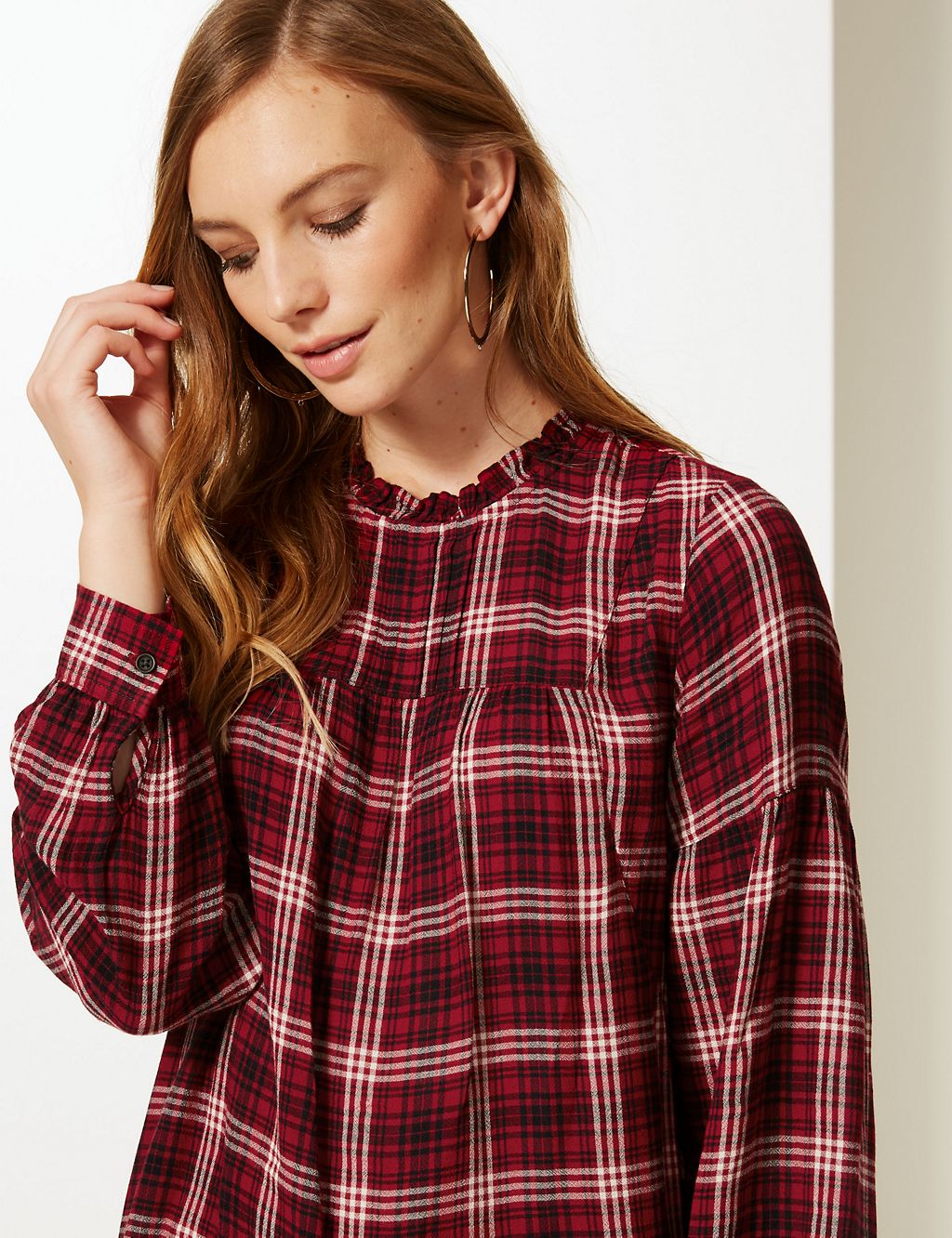 Checked Round Neck Long Sleeve Blouse 2 of 4