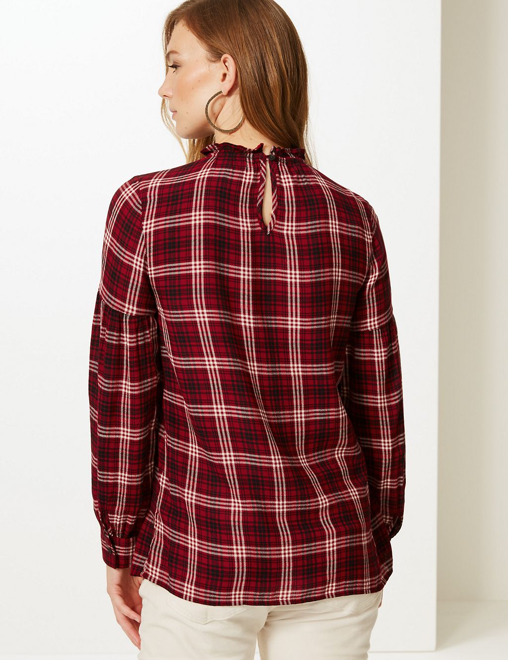 Checked Round Neck Long Sleeve Blouse 4 of 4