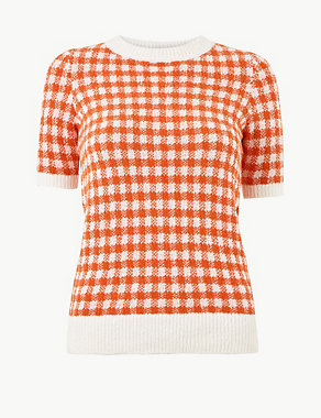 Checked Round Neck Short Sleeve Knitted Top Image 2 of 4
