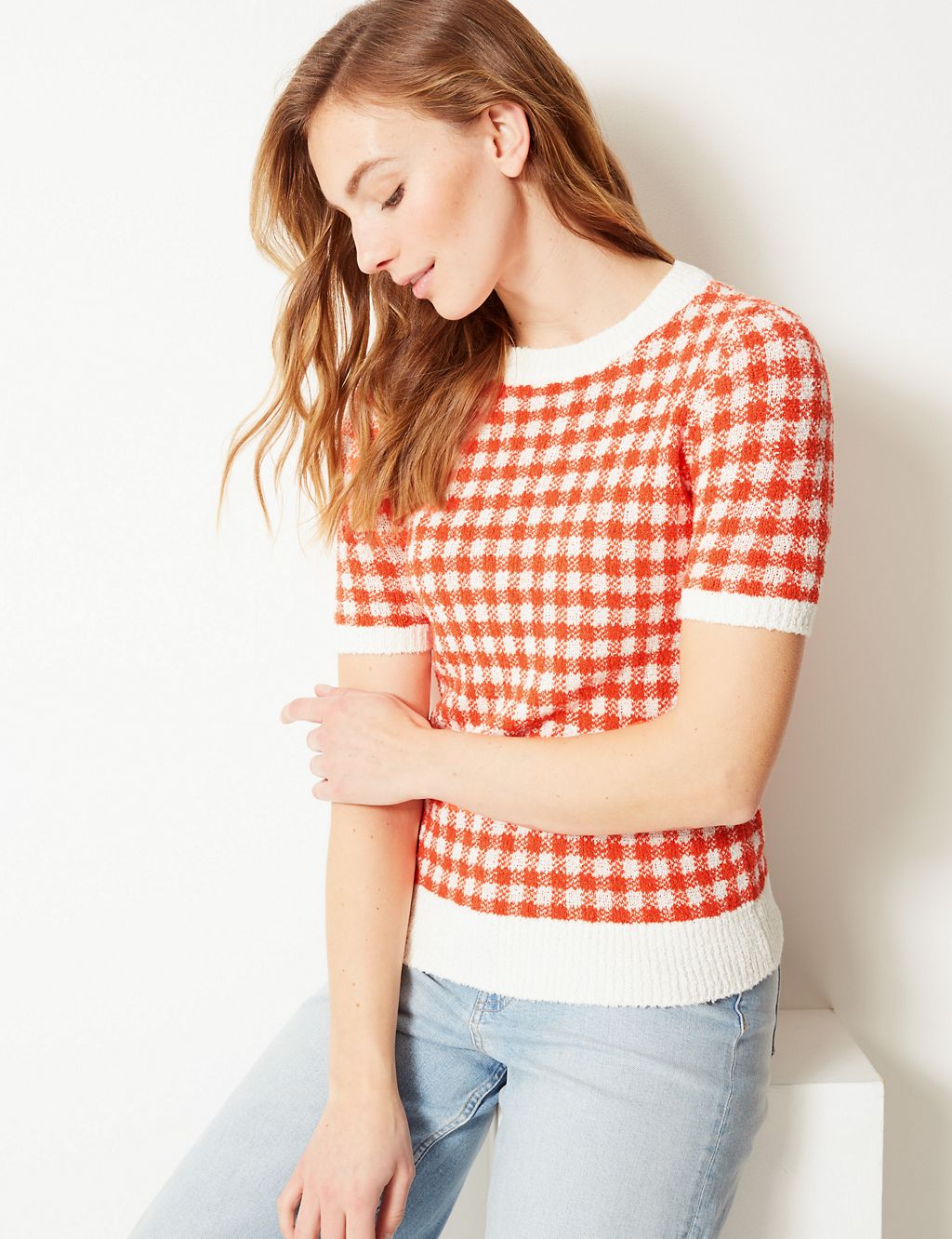 Checked Round Neck Short Sleeve Knitted Top 3 of 4