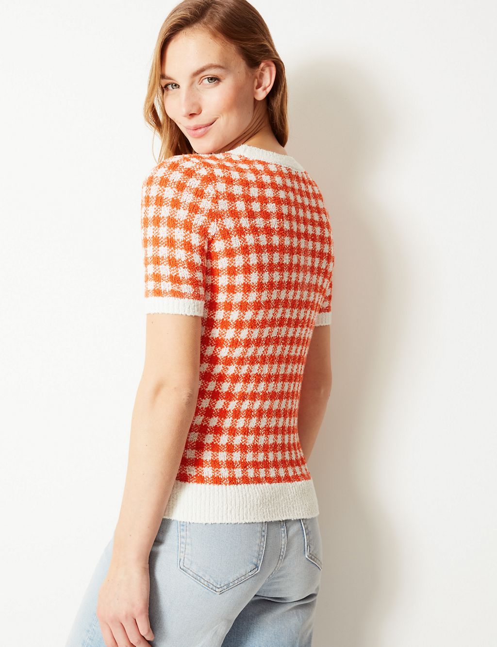 Checked Round Neck Short Sleeve Knitted Top 4 of 4