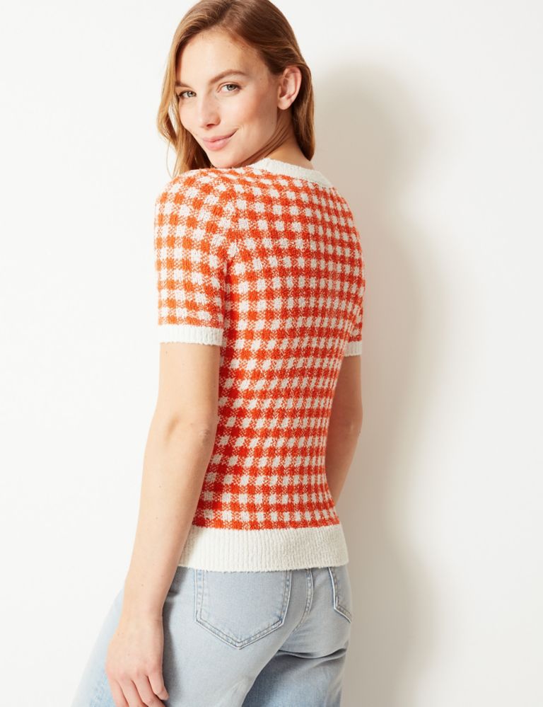 Checked Round Neck Short Sleeve Knitted Top 4 of 4