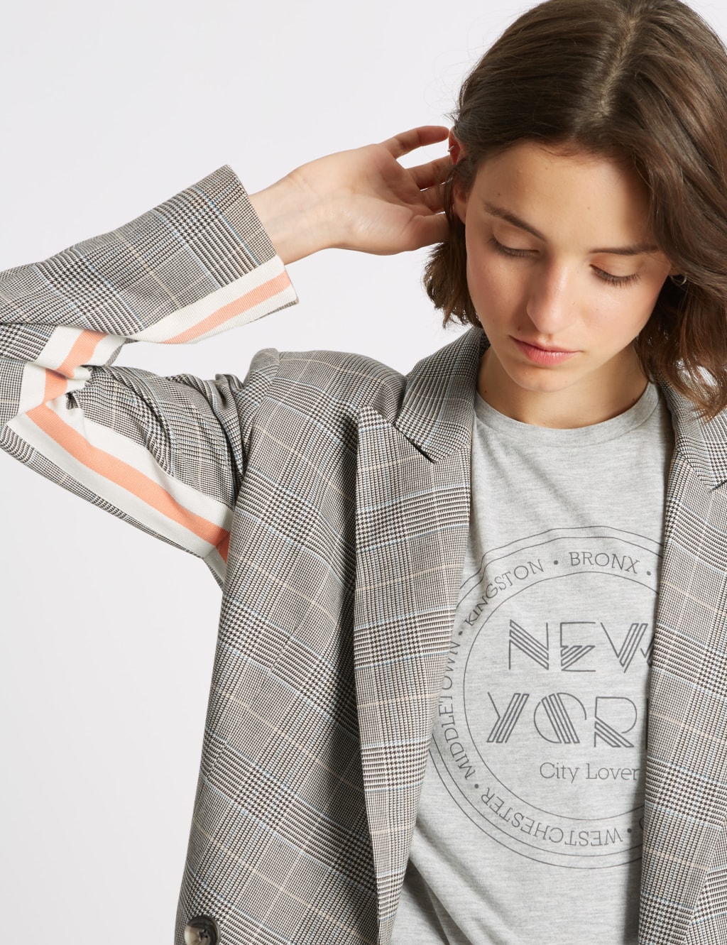 Grey checked longline blazer sales
