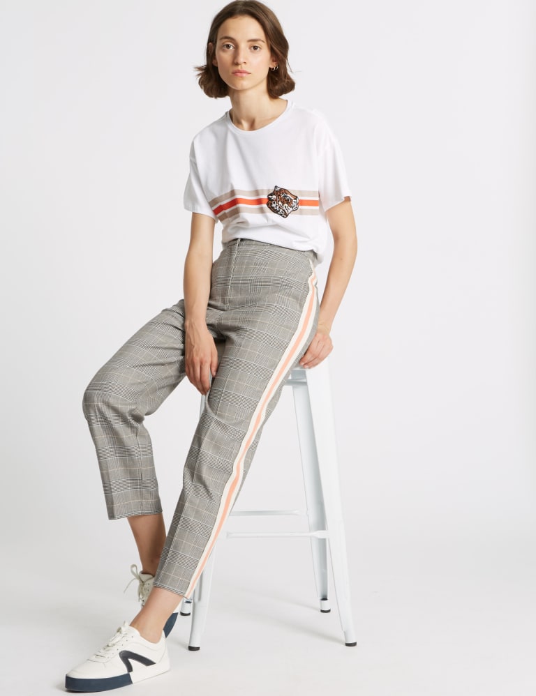 Checked Side Stripe Tapered Leg Trousers