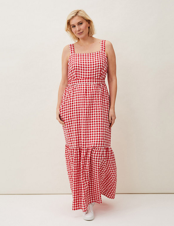 Checked Square Neck Maxi Waisted Dress Marks & Spencer